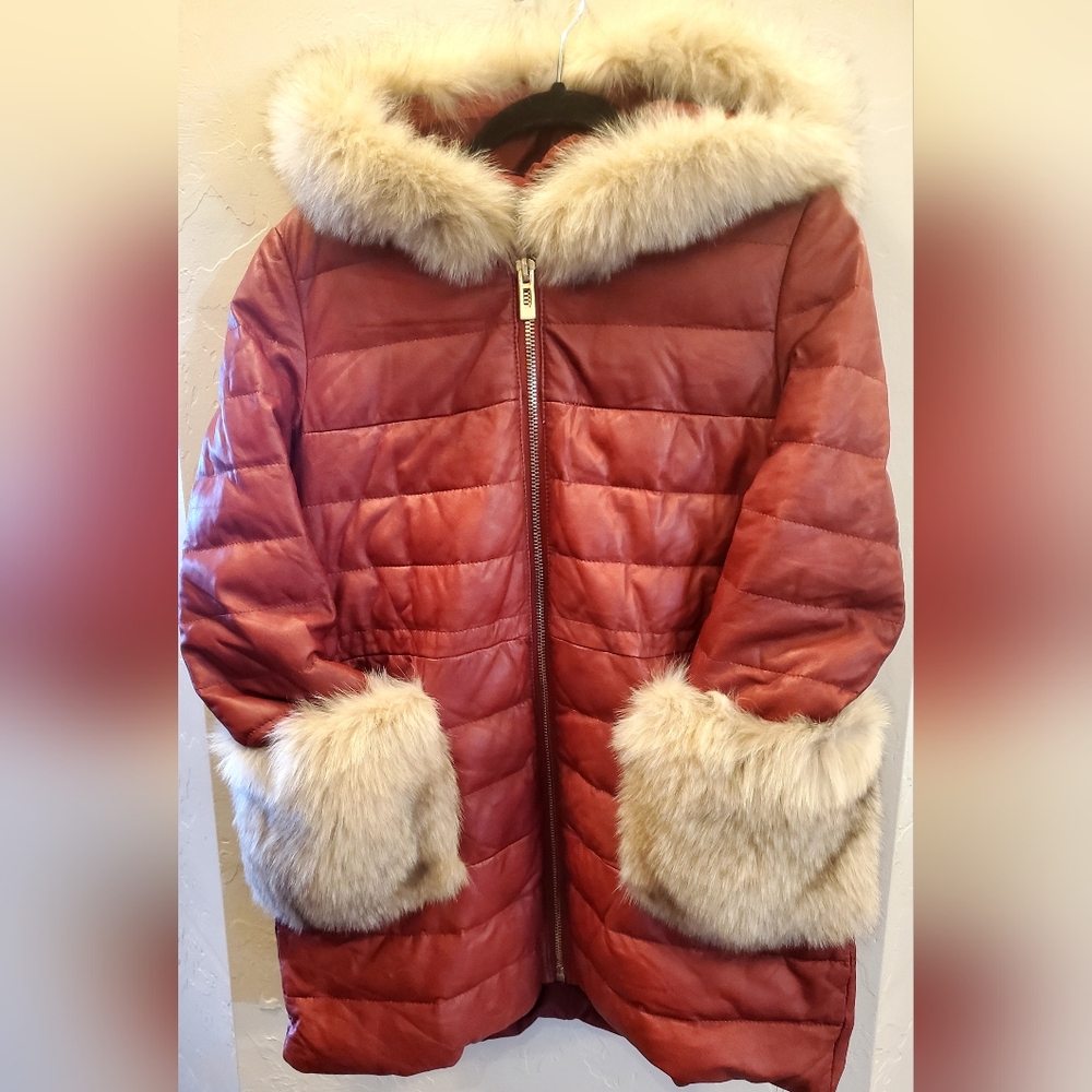 Womens Red Sheepskin Leather White Duck Down Puffer Jacket w/Genuine Fox FurTrim